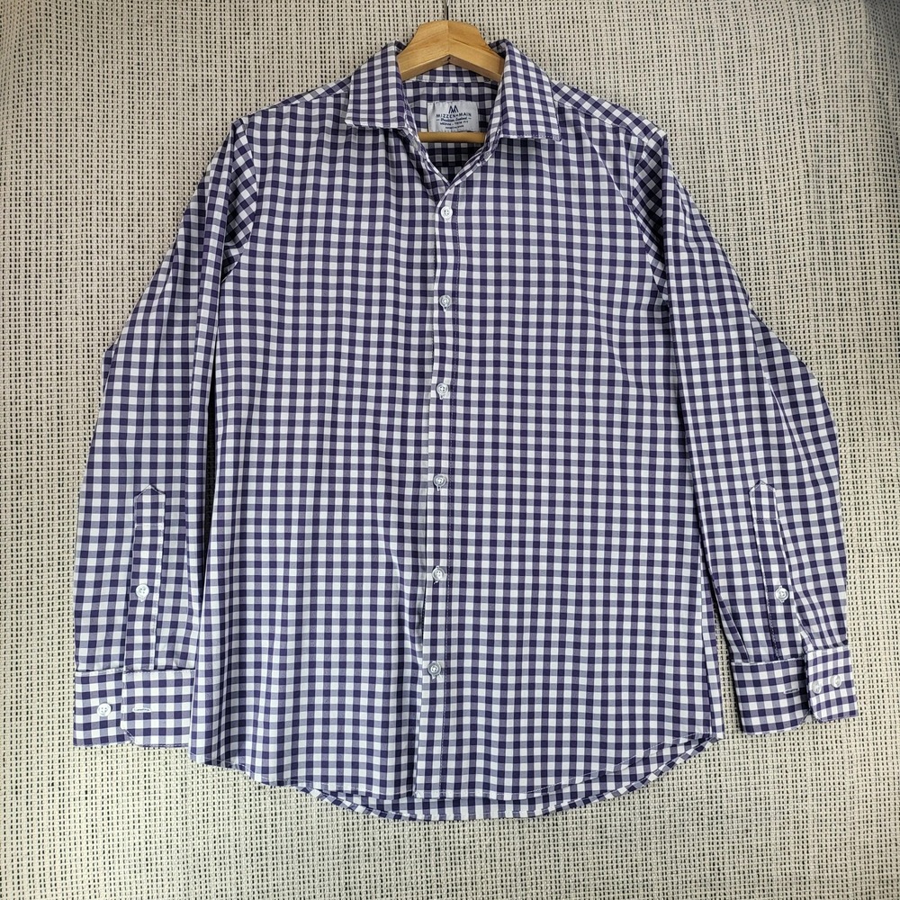 Mizzen+Main Shirt Mens Medium Blue White Gingham Trim Fit American Made Dress